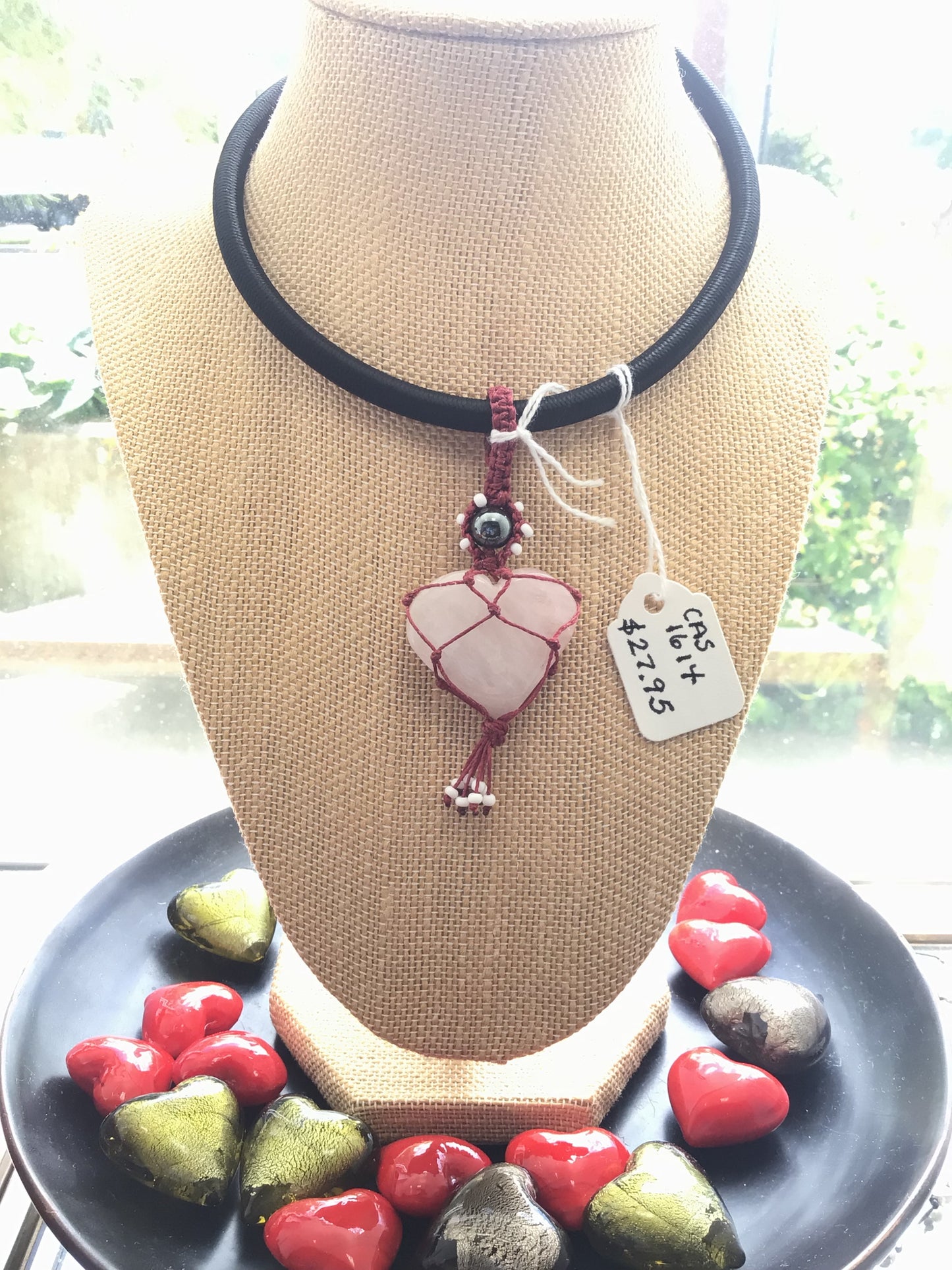 Red Beaded Macrame Heart Pendant