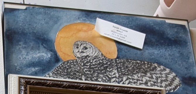 "Who?" Owl with Moon (Ink and Watercolor) 16" x 12.5" - Sarah Crumb