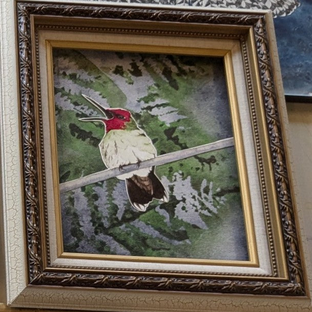 "Doing a Scream" Hummingbird collage (Ink and watercolor) 12" x 14.25" - Sarah Crumb