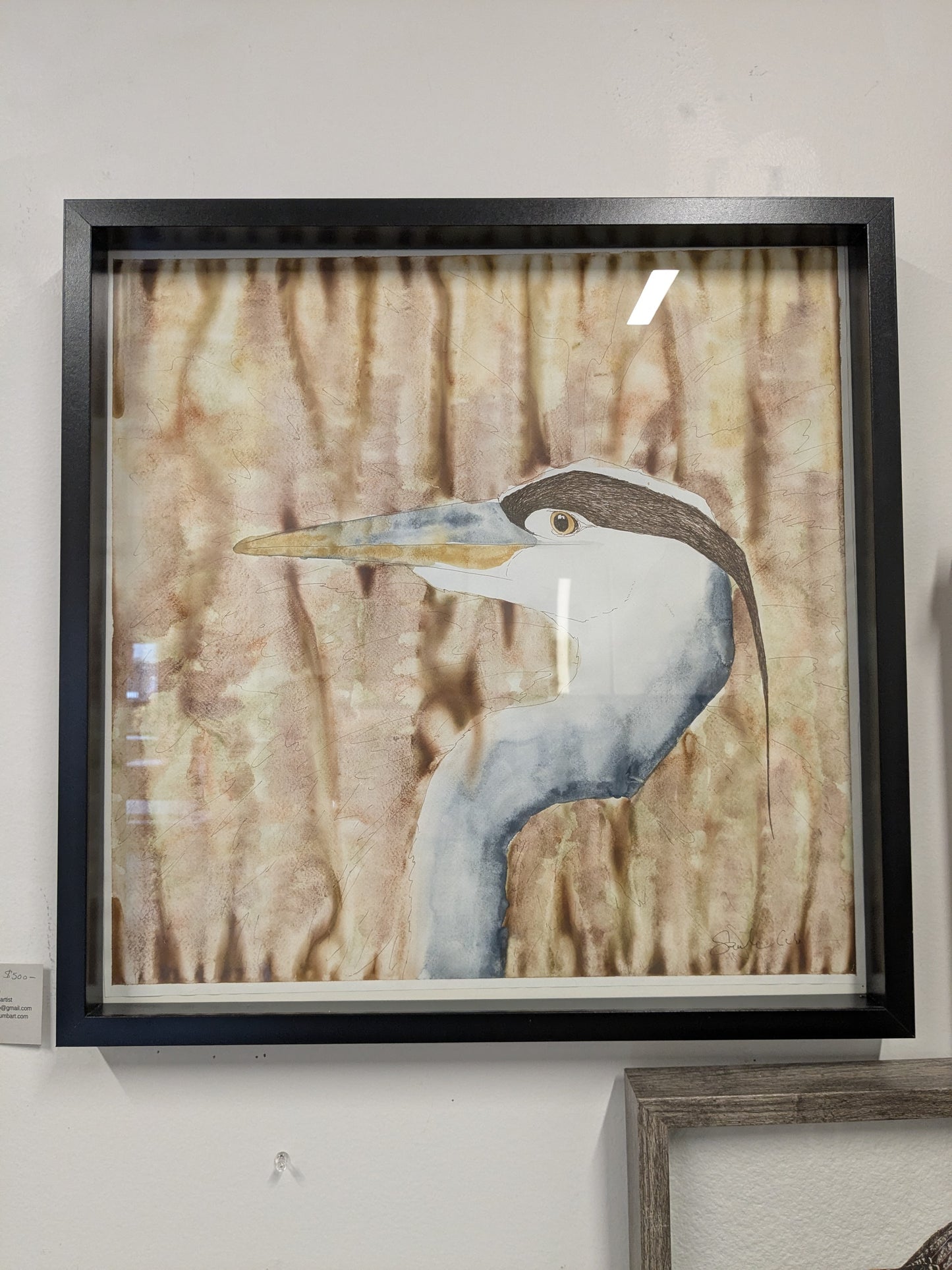 "Untitled" (square heron, ink and watercolor) 20.5" x 20.5" - Sarah Crumb
