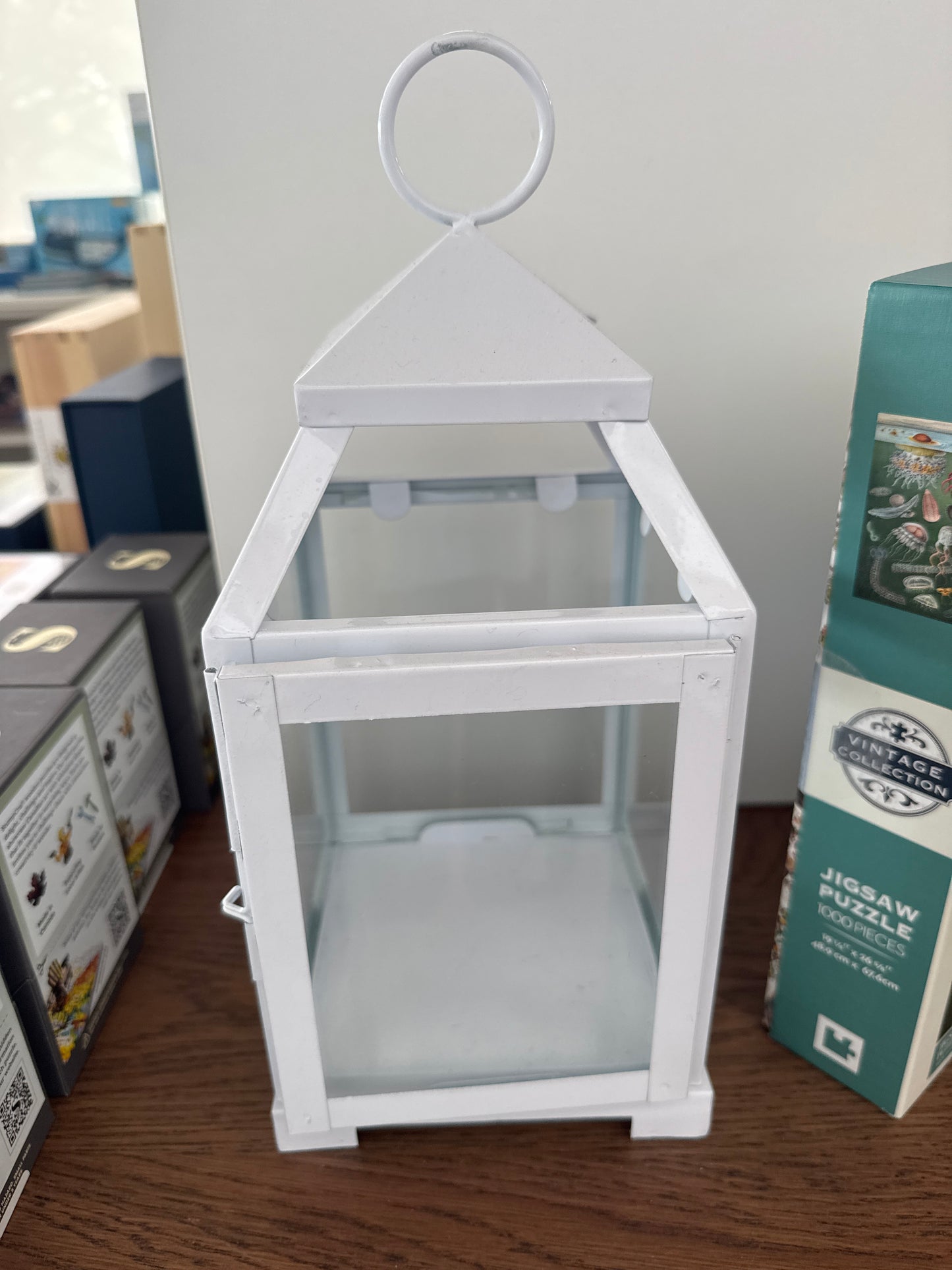 White Lantern - 14in tall with glass