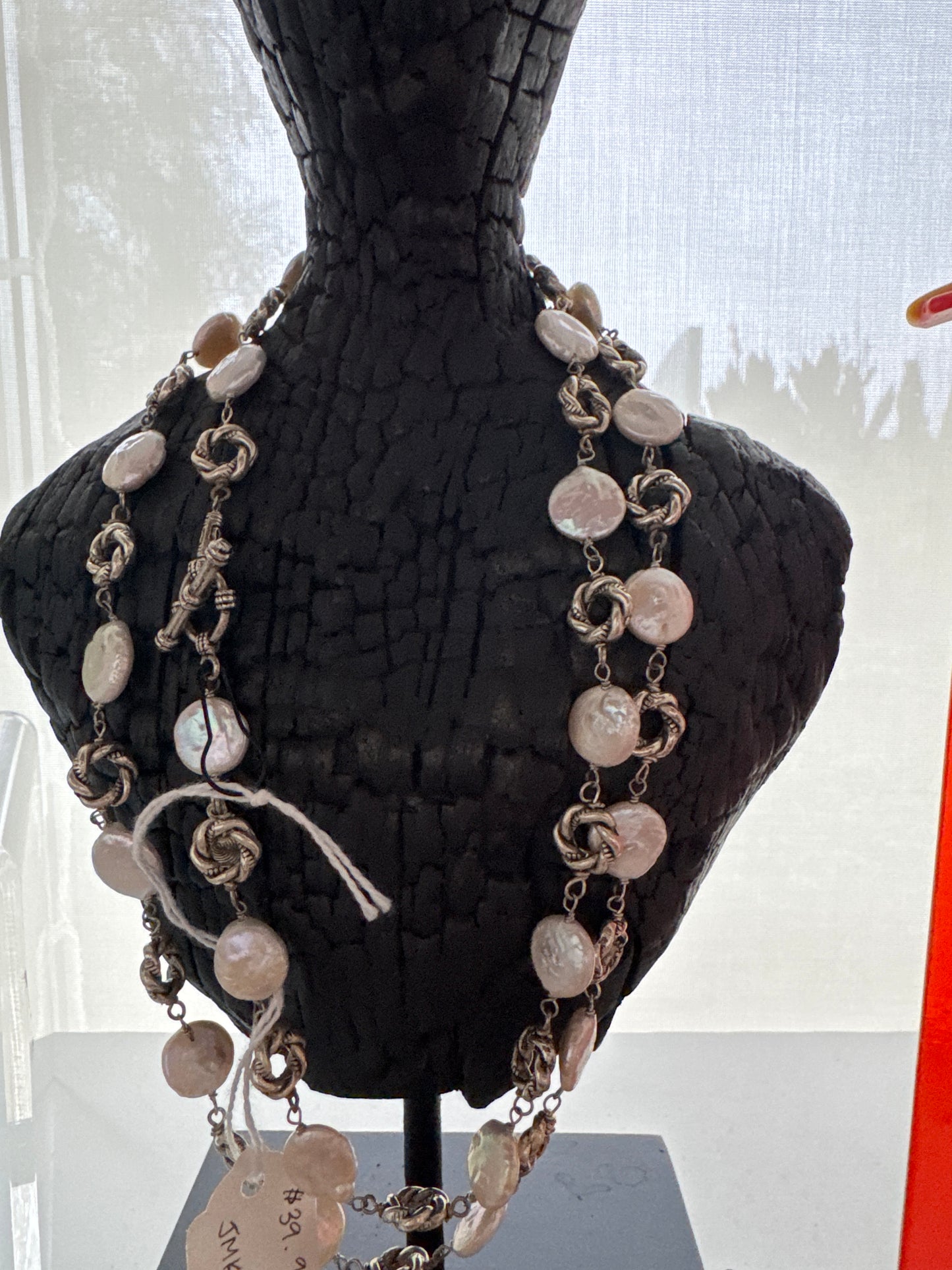 Long Flat Pearls Silver Necklace